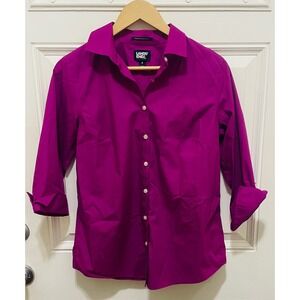Lands' End Wrinkle Free Broadcloth Shirt Womens Size 8 Purple 3/4 Sleeve